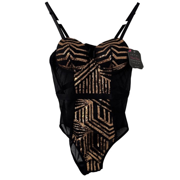 Black Fuchsia by Secret Lace LLC Tops - Black Fuchsia Gold Sequin Geometric Mesh Bodysuit NWT Small Art Deco Glam